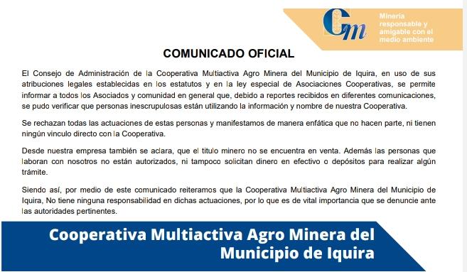 COMUNICADO OFICIAL - Cooperativa Multiactiva Agrominera de Iquira